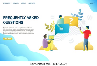 Frequently asked questions vector website template, web page and landing page design for website and mobile site development. FAQ, online support concept.