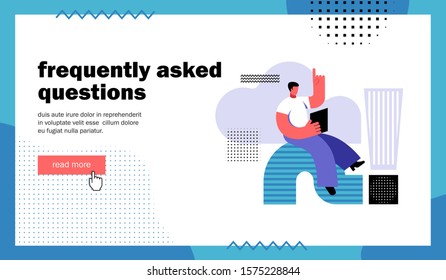 Frequently asked questions, website landing page. Man reads the answers to questions. Template for blog channel. Cartoon flat vector illustration
