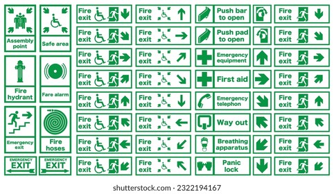 Frequently used fire signs are in green. Emergency exit and action in case of fire. EPS 10.