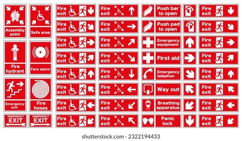 Frequently used fire signs in red. Emergency exit and action in case of fire. EPS 10.