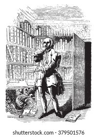 Freron in his library, vintage engraved illustration. Magasin Pittoresque 1878.
