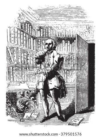 Freron in his library, vintage engraved illustration. Magasin Pittoresque 1878.
