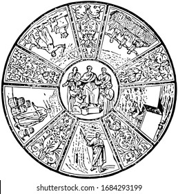 Fresco Ceiling have three children in the furnace, vintage engraving.