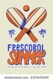 Frescobol summer. Brazilian beach tennis tropical beach vintage typography silkscreen t-shirt print.