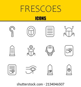 frescoes vector line icons set. egypt, egypt and egypt Icons. Thin line design. Modern outline graphic elements, simple stroke symbols stock illustration