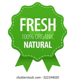 Fresh 100% Organic Natural product green label ribbon with a seam and ribbons icon isolated on white background. Eco bio nature label. Vector illustration