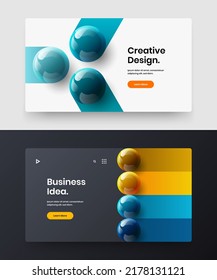 Fresh 3D balls website layout collection. Multicolored company cover design vector template composition.