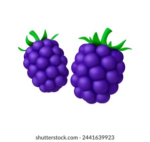 Fresh 3d blackberry. Isolated blackberries render, sweet summer garden or wild berries. Natural food render, realistic berry vector element