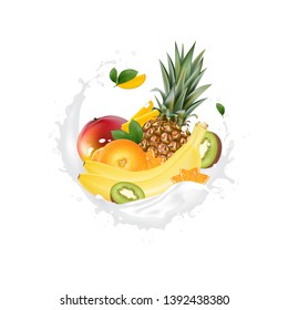 Fresh 3d realistic fruit slices with juice milk yogurt splash drops isolated on a white background. Packaging template. Realistic organic fruit dairy product. Vector EPS10. 