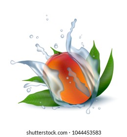 Fresh 3d realistic mango with water milk yogurt splash drops isolated on a white background. Packaging template. Realistic organic fruit dairy product. Vector EPS10.