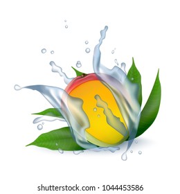 Fresh 3d realistic mango with water milk yogurt splash drops isolated on a white background. Packaging template. Realistic organic fruit dairy product. Vector EPS10.
