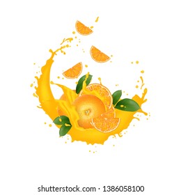 Fresh 3d realistic orange slices with juice milk yogurt splash drops isolated on a white background. Packaging template. Realistic organic fruit dairy product. Vector EPS10. 