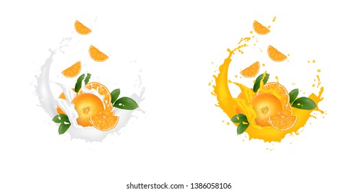 Fresh 3d realistic orange slices with juice milk yogurt splash drops isolated on a white background. Packaging template. Realistic organic fruit dairy product. Vector EPS10. 