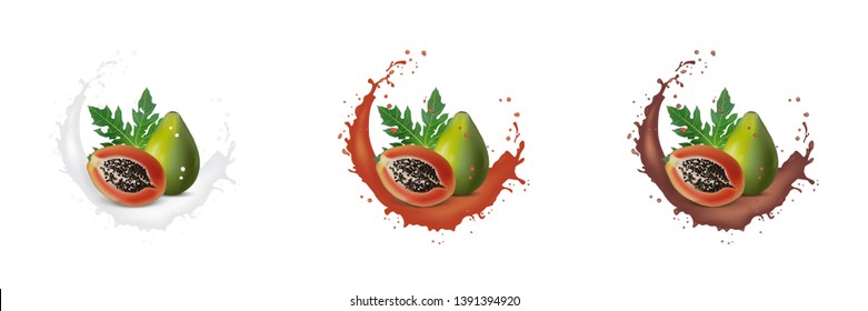 Fresh 3d realistic papaya slices with juice milk yogurt chocolate splash drops isolated on a white background. Packaging template. Realistic organic fruit dairy product. Vector EPS10. 