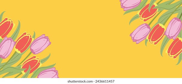 Fresh abstract hand drawn tulips on a yellow bright background, spring and holidays concept with copy space.