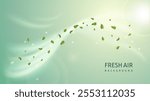 Fresh air background. Wind swirl with green leaves and fresh air inscription. Windflow and breath. Care about nature and environment. Template for banner and cover. Realistic vector illustration