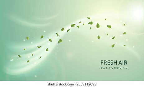 Fresh air background. Wind swirl with green leaves and fresh air inscription. Windflow and breath. Care about nature and environment. Template for banner and cover. Realistic vector illustration