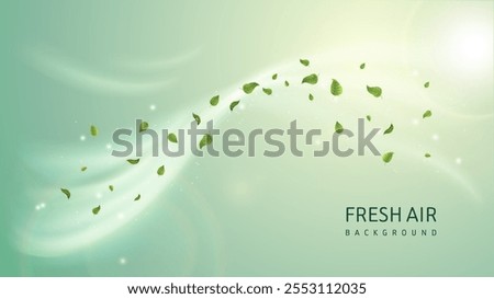 Fresh air background. Wind swirl with green leaves and fresh air inscription. Windflow and breath. Care about nature and environment. Template for banner and cover. Realistic vector illustration