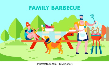 Fresh Air Family Barbecue Flat Banner Template. Lettering. Father, Daughter Serving Table for Garden Party. Cartoon Man Grilling Sausages. Little Girl Eating Pizza. Playful Dog Waiting Food