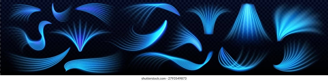 Fresh air flow with cool blue lines, light effects, realistic vector isolated on transparent background. Flowing cold wind patterns and clean breeze texture design, conditioner blow