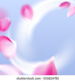 Fresh air flow with flying vector pink petals in the blue sky background