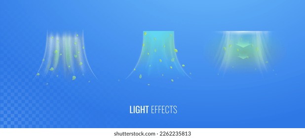 Fresh air flow set of vector elements. Abstract light effect blowing from an air conditioner, purifier or humidifier. Dynamic blurred wave motion with mint leaves, concept of freshness of smell