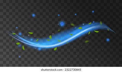 Fresh air flow wind clean breath spiral blue 3d background. Cool air fresh leaf swirl menthol realistic wind