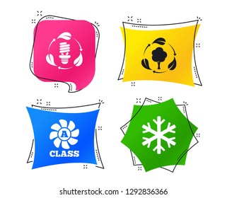 Fresh air icon. Forest tree with leaves sign. Fluorescent energy lamp bulb symbol. A-class ventilation. Air conditioning symbol. Geometric colorful tags. Banners with flat icons. Trendy design. Vector