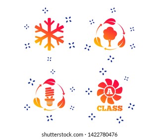 Fresh air icon. Forest tree with leaves sign. Fluorescent energy lamp bulb symbol. A-class ventilation. Air conditioning symbol. Random dynamic shapes. Gradient fresh icon. Vector
