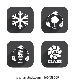 Fresh air icon. Forest tree with leaves sign. Fluorescent energy lamp bulb symbol. A-class ventilation. Air conditioning symbol. Square flat buttons with long shadow.
