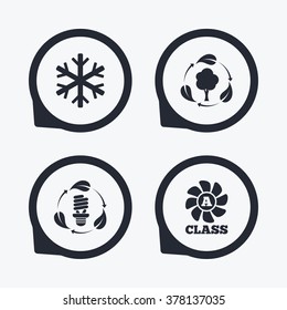 Fresh air icon. Forest tree with leaves sign. Fluorescent energy lamp bulb symbol. A-class ventilation. Air conditioning symbol. Flat icon pointers.