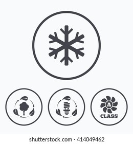 Fresh air icon. Forest tree with leaves sign. Fluorescent energy lamp bulb symbol. A-class ventilation. Air conditioning symbol. Icons in circles.