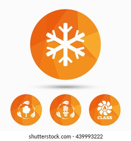 Fresh air icon. Forest tree with leaves sign. Fluorescent energy lamp bulb symbol. A-class ventilation. Air conditioning symbol. Triangular low poly buttons with shadow. Vector