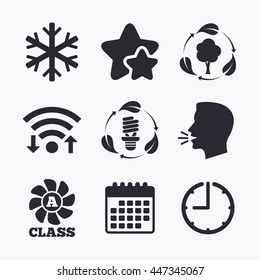 Fresh air icon. Forest tree with leaves sign. Fluorescent energy lamp bulb symbol. A-class ventilation. Air conditioning symbol. Wifi internet, favorite stars, calendar and clock. Talking head. Vector