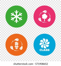 Fresh air icon. Forest tree with leaves sign. Fluorescent energy lamp bulb symbol. A-class ventilation. Air conditioning symbol. Round buttons on transparent background. Vector