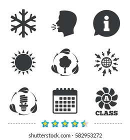 Fresh air icon. Forest tree with leaves sign. Fluorescent energy lamp bulb symbol. A-class ventilation. Air conditioning symbol. Information, go to web and calendar icons. Sun and loud speak symbol