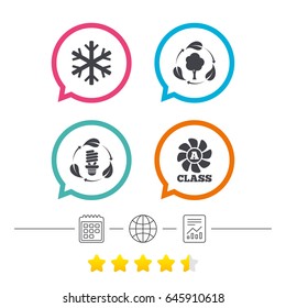 Fresh air icon. Forest tree with leaves sign. Fluorescent energy lamp bulb symbol. A-class ventilation. Air conditioning symbol. Calendar, internet globe and report linear icons. Star vote ranking