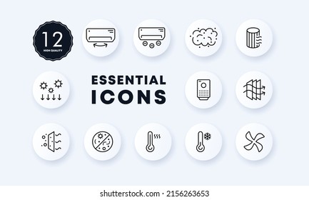 Fresh Air Set Icon. Air Conditioning, Fan, Cleanliness, Viruses, Blades, Cooling, Thermometer, Etc. Pure Climate Concept. Neomorphism Style. Vector Line Icon For Business And Advertising