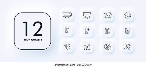 Fresh Air Set Icon. Air Conditioning, Ventilate, Fan, Propeller, Thermometer, Heat, Cold, Virus, Etc. Clean Atmosphere Concept. Neomorphism Style. Vector Line Icon For Business And Advertising