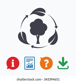 Fresh air sign icon. Forest tree with leaves symbol. Information think bubble, question mark, download and report.