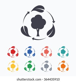 Fresh air sign icon. Forest tree with leaves symbol. Colored flat icons on white background.