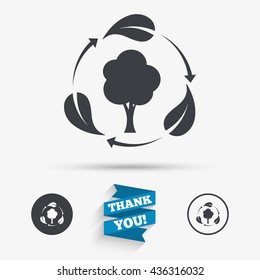 Fresh air sign icon. Forest tree with leaves symbol. Flat icons. Buttons with icons. Thank you ribbon. Vector