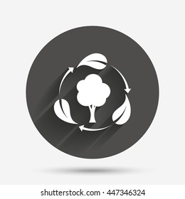 Fresh air sign icon. Forest tree with leaves symbol. Circle flat button with shadow. Vector