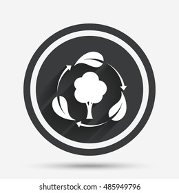 Fresh air sign icon. Forest tree with leaves symbol. Circle flat button with shadow and border. Vector