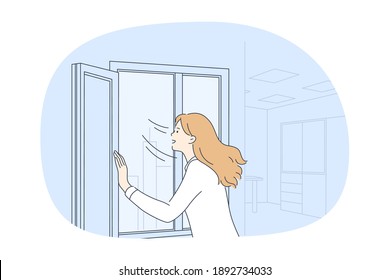 Fresh air, ventilation, wind concept. Young smiling woman cartoon character opening window at home and breathing enjoying fresh summer air from outside feeling healthy and good vector illustration 