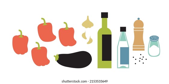 Fresh ajvar ingredients. Eggplant and bell pepper sause making. Horizontal flat vector illustration isolated on white.