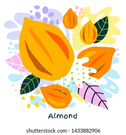 Fresh almond color milk splash organic food condiment spice splatter. Spicy herbs nuts. Abstract colorful art splatter splash background. Vector hand drawn illustration