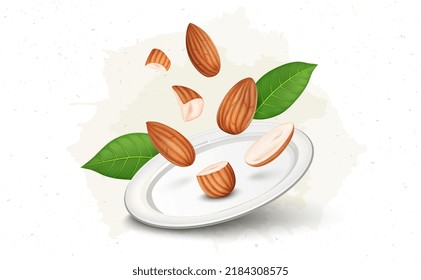 Fresh Almond Nuts With green leaves in the air vector illustration