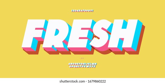 Fresh alphabet 3d bold color style for logo, decoration, party poster, t shirt, book, greeting card, sale banner, printing on fabric. Cool font 3d modern typography. Trendy typeface. Vector 10 eps