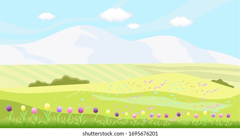 Fresh alpine meadow, mountains. Flower field with tulips. Vector illustration.